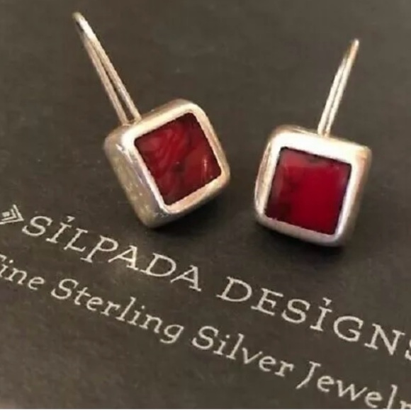 Silpada Rare HTF Sterling Silver & Red Stone Square French Wire Drop Earrings - Picture 1 of 12